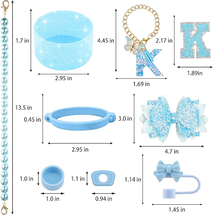 9PCS Blue for Stanley Cup Accessories Set Bling Initials Bow Charms for Stanley Decorations 30/40 Oz Tumbler Accessories Including Bow Straw Topper, Handle Strap, Spill Stopper（Letter K）