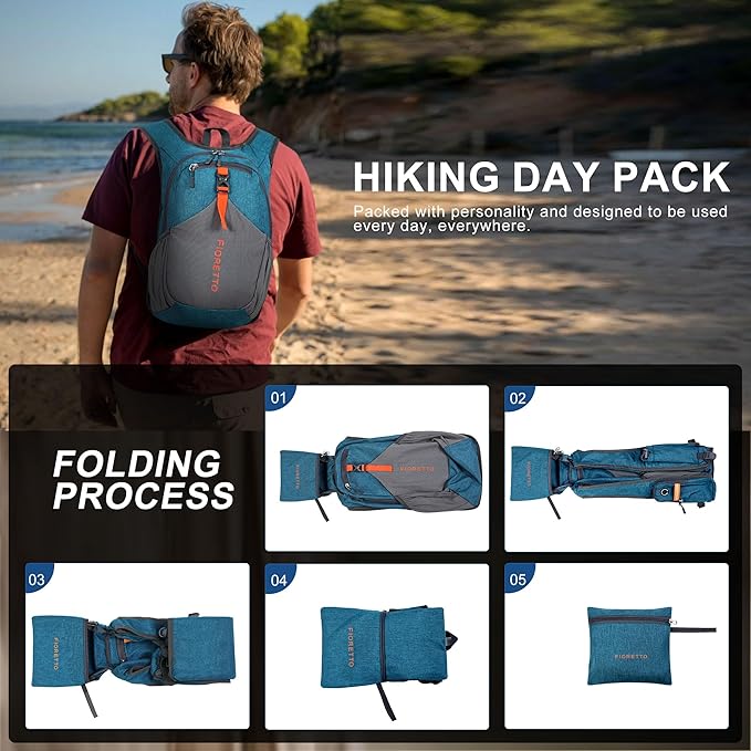 FIORETTO 15L Hiking Backpack for Women Men Mini Packable Backpack Lightweight Small Daypack for Camping Travel Outdoor, Turquoise