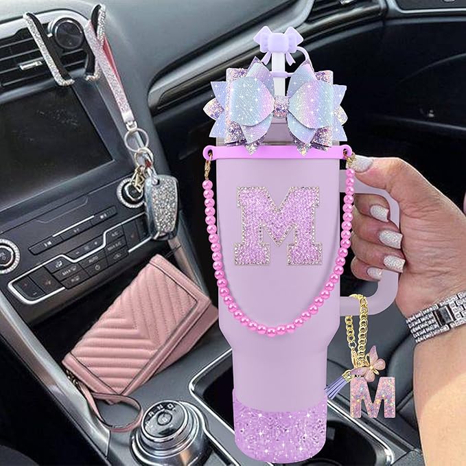 9PCS Purple for Stanley Cup Accessories Set Bling Initials Bow Charms for Stanley Decorations 30/40 Oz Tumbler Accessories Including Bow Straw Topper, Handle Strap, Spill Stopper（Letter M）