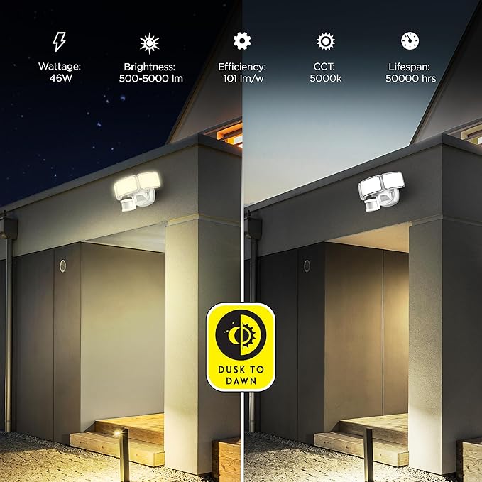 Feit Electric LED Security Light with Motion Sensor, Outdoor 46W Flood Light, Adjustable 3 Head, Wall Mount, 5000 Lumens, 5000k Daylight, Hardwired, White S10.5TFL/850/MOT/WH