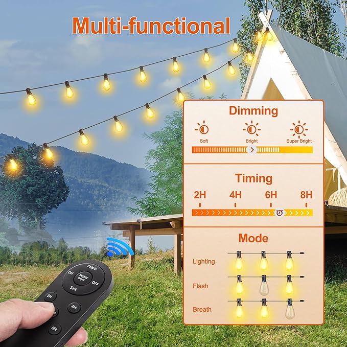 Stright 55FT Solar String Lights Outside Remote Control with USB Charging Port E12 S14 Bulbs, 55 Feet 17 Sockets Outdoor Lights Dimmable Solar Power LED Bulbs for Patio Garden Market Bistro Backyard