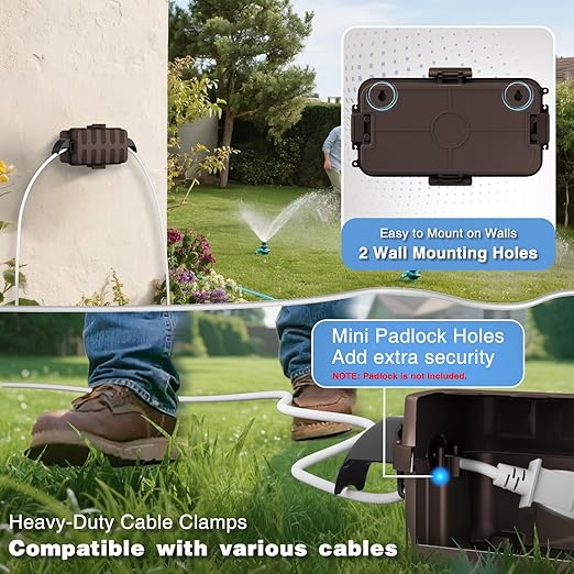 FLEMOON IP55 Outdoor Electrical Box Waterproof with Detachable Awning Covers, 8.3 x 4.1 x 3.7 inch Weatherproof Extension Cord Cover, Easy Installation for Outdoor Plug, Outlet, String Lights, Brown