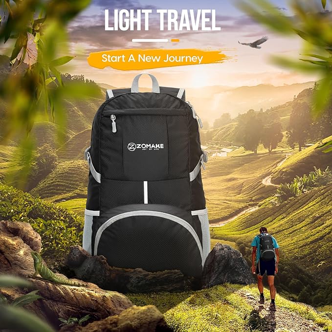 ZOMAKE Lightweight Packable Backpack 35L, Light Foldable Backpacks Water Resistant Collapsible Hiking Bag, Compact Folding Day Pack for Travel Camping(Black)