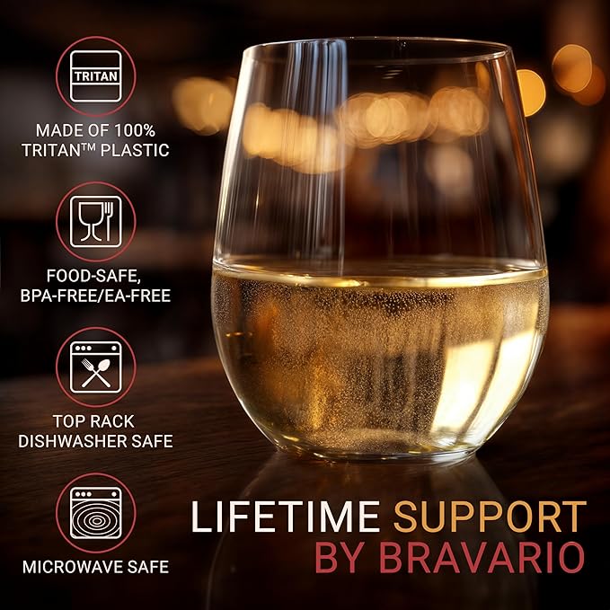 Bravario Unbreakable Stemless Plastic Wine Glasses | Reusable | Shatterproof 100% Tritan Plastic | Dishwasher-Safe | BPA-free | Awesome for Indoor & Outdoor | 20 oz, Set of 4