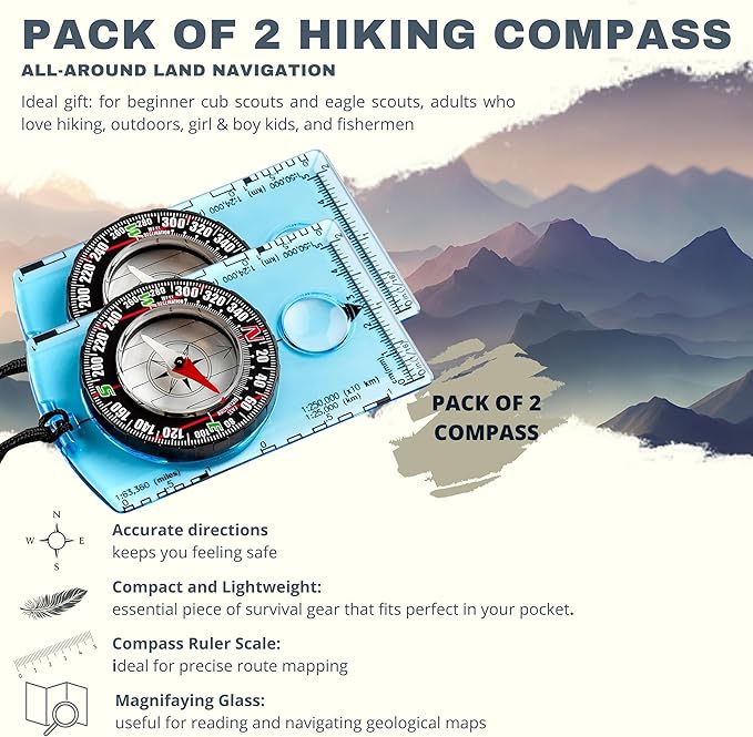 Trekker's Compass Crew Orienteering Compass, Pack of 2, Magnetic Navigation Set for Hiking, Camping, Backpacking, Scout Activities