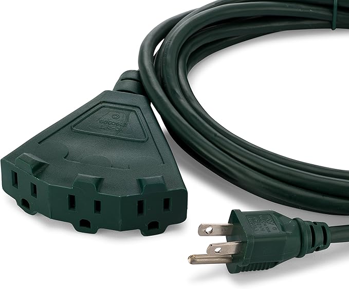 Holiday Lighting Outlet 15-Foot Green Extension Cord, 3-Prong Indoor & Outdoor Splitter, Perfect for Landscape Lighting