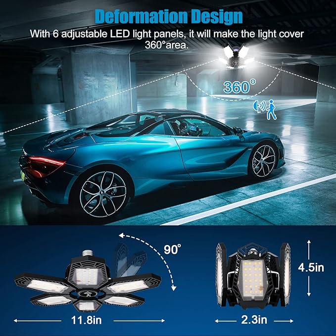 TANBABY 2 Pack LED Garage Lights with Motion Sensor, 150W Deformable Garage Light Bulb, Total 30000LM 6500K Daylight, 6 Adjustable Panels, E26/E27 Screw-in Ceiling Light for Basement, Gift for Men