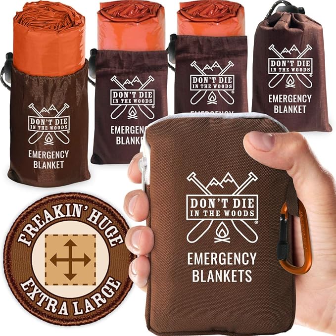Don't Die In The Woods - Freakin’ Huge Emergency Blankets [4-Pack] Extra Large Thermal Mylar Space Blanket - One of The Ten Essentials Outdoor Survival Gear for Hiking Camping First Aid Kit (Orange)