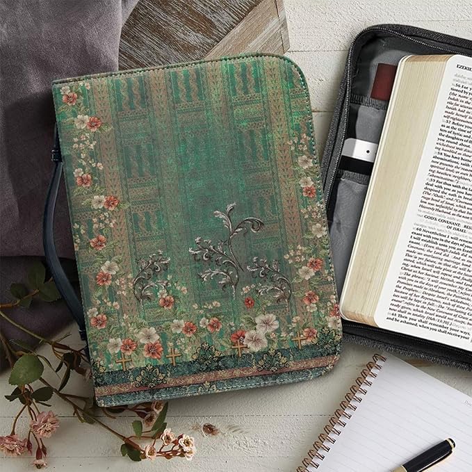 Leather Bible Covers for Women Small Size Bible Case for Grils Bible Bag Tote with Leather Bookmark,Vintage Boho Flowers