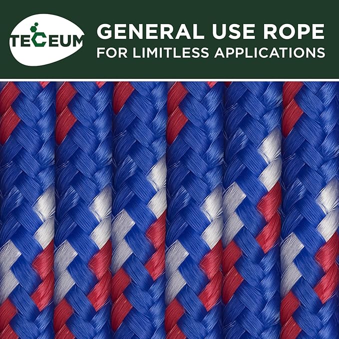 TECEUM Rope – 90 Feet x 3/8 Inch (10mm) – Patriot Mix – Strong All-Purpose Utility Rope – Camping, Crafting, Flag Pole, Indoor & Outdoor – Polypropylene Nylon Poly Lightweight Diamond Braided Cord