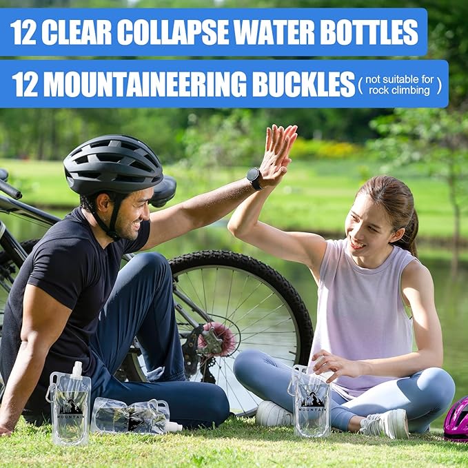 12pack 1L Collapsible Water Bottles with Mountaineering Buckle (Not Suitable for Climbing) Hiking Foldable Backpacking Water Bottle Reusable 33oz Drink Bottle for Travel Camping Hiking