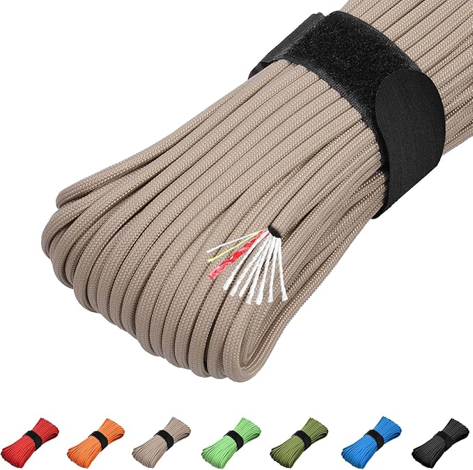 Survival Paracord 550 Fire Paracord Survivor Cord Nlyon Rope 10 Strands US Military Type III 550 Parachute Cord with Integrated Fishing Line, Fire-Starter Tinder 4 in 1