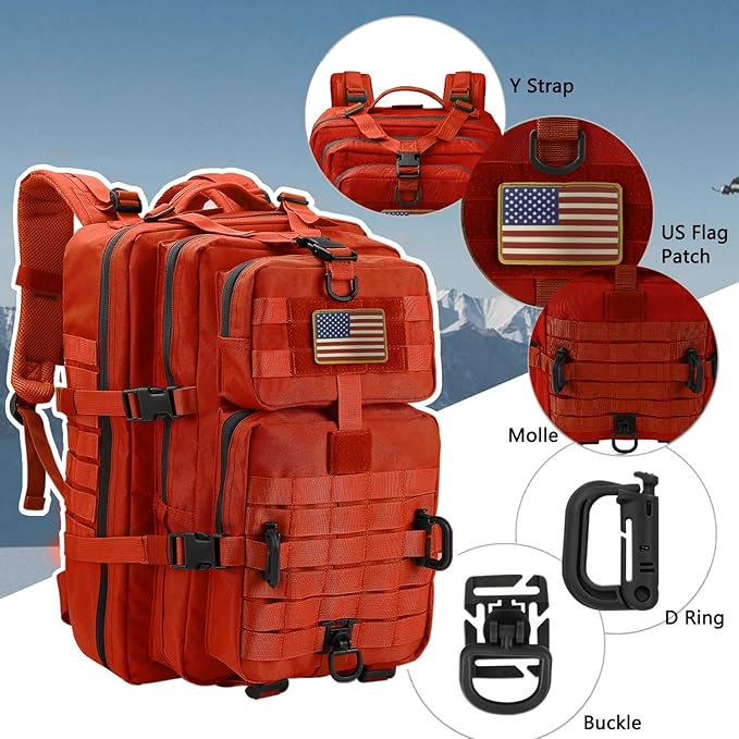 Hannibal Tactical MOLLE Assault Backpack, Tactical Backpack Military Army Camping Rucksack, 3-Day Pack Trip w/USA Flag Patch, D-Rings, Orange