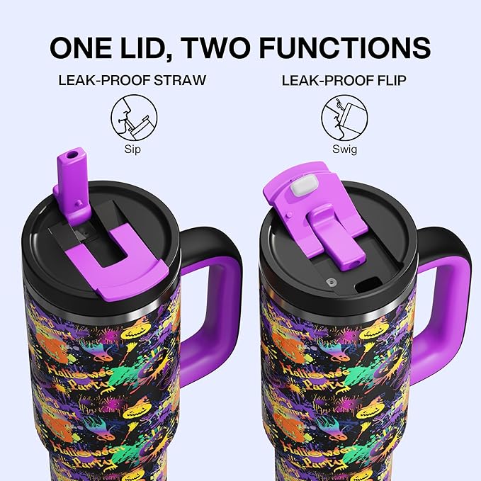 ENCOOL 40 oz Tumbler with Handle and Straw: Stainless Steel Insulated Tumbler Keeps Cold for 24 Hours, Leakproof Travel Cup Fits in Cup Holder and BPA-Free, Ghost Party
