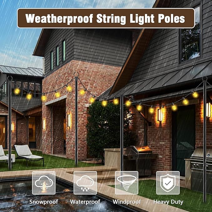 AILBTON 10Ft String Light Poles 8 Pack,Light Poles for Outside Lights,Outdoor with Fence Brackets Hanging Lights,Metal Stand Deck Patio Backyard