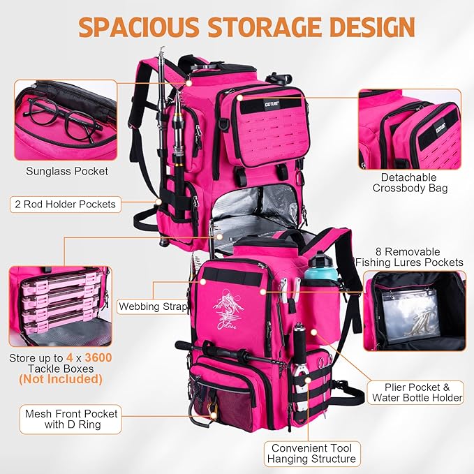 Goture Fishing Backpack, 58L 900D Water-Resistant Insulated Tackle Backpack with Cooler, Rod Holders, 8 Lure Pockets, Detachable Crossbody Bag, Gear Storage Large Fishing Bag for Camping Hiking