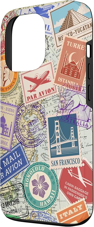 World Map Travel Passport Stamps Postage Stamp Case for iPhone 13 Pro