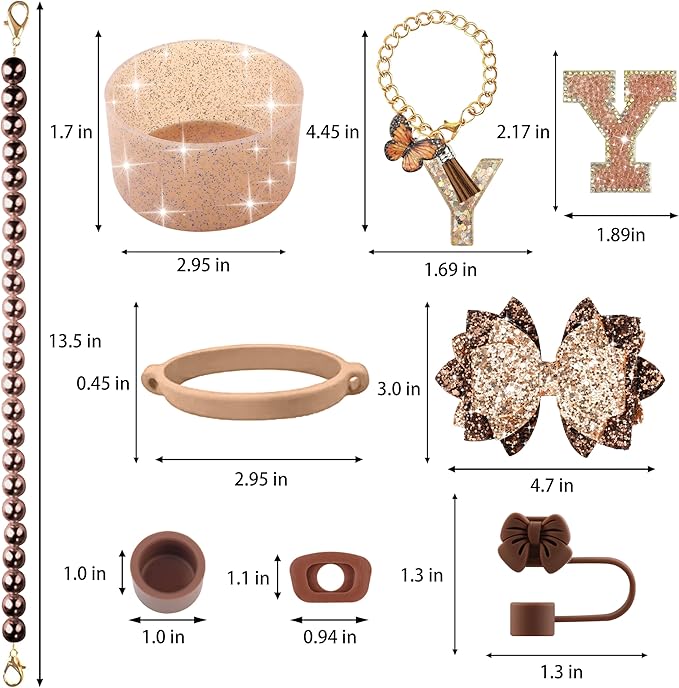 9PCS Brown for Stanley Cup Accessories Set Bling Initials Bow Charms for Stanley Decorations 30/40 Oz Tumbler Accessories Including Bow Straw Topper, Handle Strap, Spill Stopper（Letter Y）