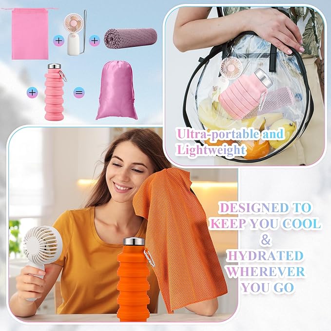 16 Set Theme Park Necessities Cruise Ship Accessory Kit Collapsible Water Bottle Cooling Towel Fan Drawstring Bag for Summer Amusement Park Outdoor Team Travel Cruise Gift Fitness Sport Favor