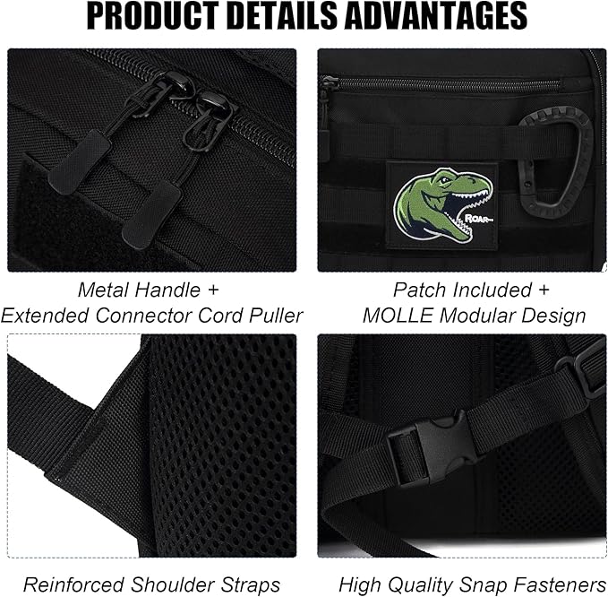 Kids Tactical Backpack Army Molle Bookbag Military Boys Backpack for School, Outdoor, Camping (Includes 2 Patches +1 Carabiner), Black