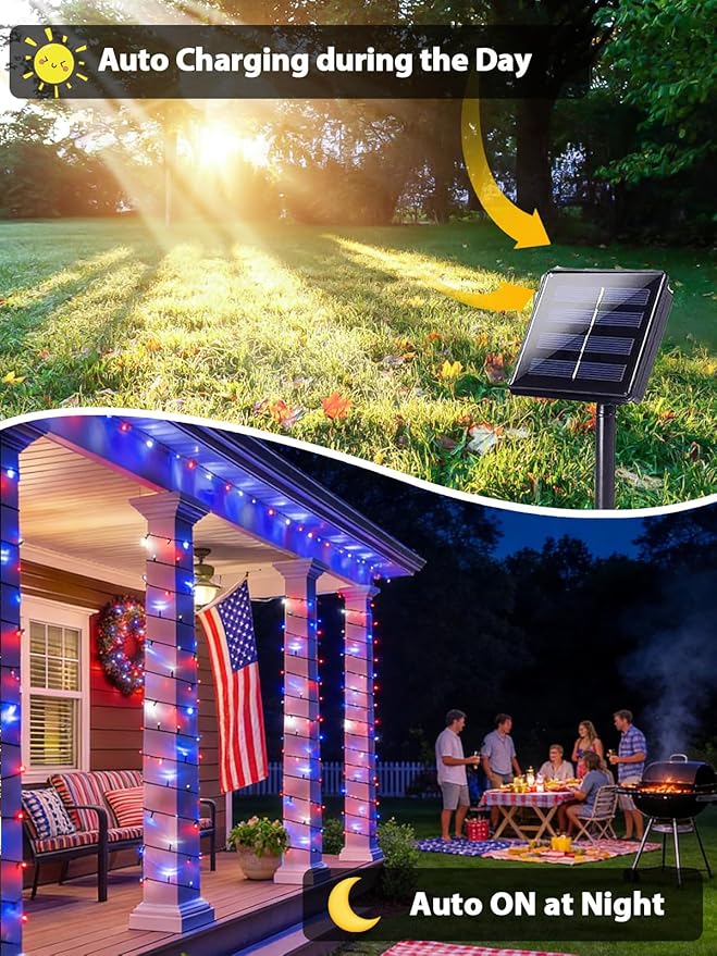 2 Pack 200 LED Red White and Blue Solar String Lights Outdoor Waterproof, Solar Powered LED Patriotic Lights, Solar Tree Lights for Independence Day 4th of July Memorial Day 250th Anniversary Decor