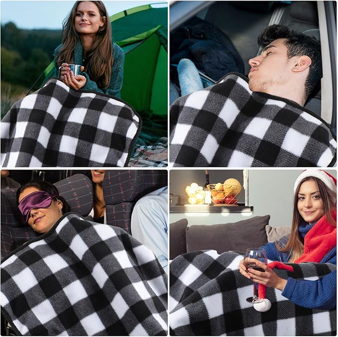 Tuanse 16 x 16 Inches Car Electric Blanket 12 Volt Heated Car Blanket with Temperature Controller and Black Storage Bag Cold Weather Tailgating and Emergency Kit (Black White,Plaid)