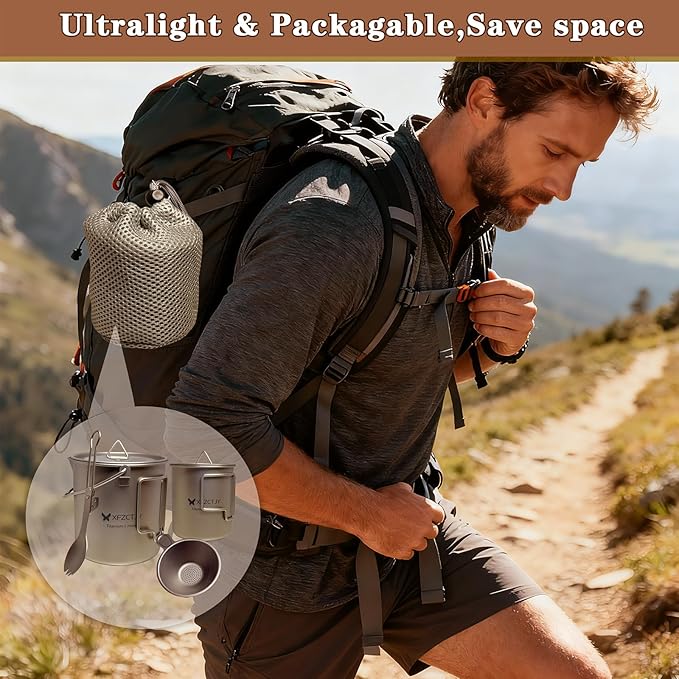 750ml/420ml Ultralight Titanium Pot Coffee Tea Mug Combo With Lid Spork,Tea Infuser, Nestable Camping Set With Foldable Handle For Backpacking, Hiking Mountaineering