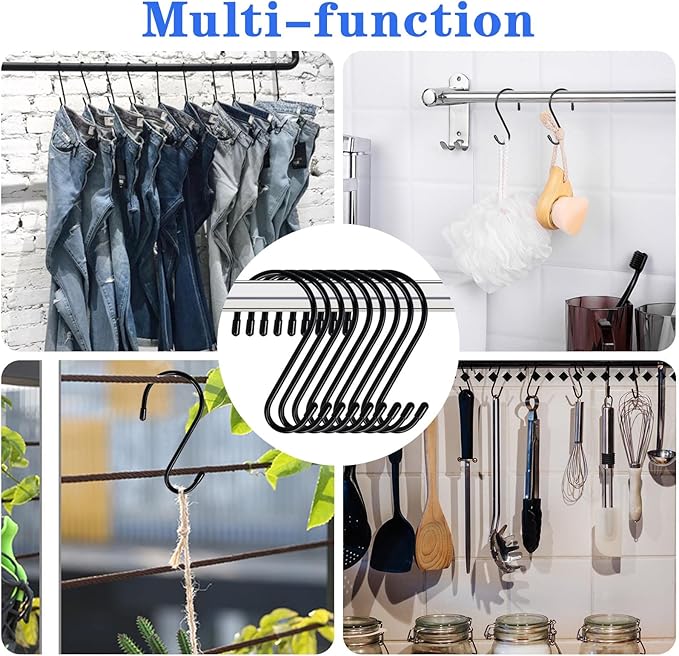 DINGEE 12 Pack 6 Inch Large S Hooks, Heavy Duty Vinyl Coated Non-Slip Metal Black Hooks for Hanging, Closet Kitchen Bathroom Garden Hooks for Pots Pans Clothes Plants Jeans Towels