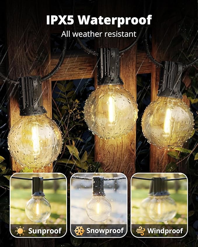 VIPAR Outdoor String Lights, 60FT 32 G40 Bulbs Patio Lights Outdoor Waterproof, Shatterproof Vintage Connectable LED Outside Hanging Light for Backyard, Porch, Garden, Deck, Bistro, 2700K Dimmable