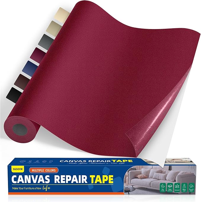 Self-Adhesive Canvas Repair Tape, 16" x 40" Waterproof Canvas Repair Patch, Fabric Patch Repairs Kit for Furniture, Tents, Sunbrellas, Boat Covers Awnings, Couches, Clothes, Bags Burgundy