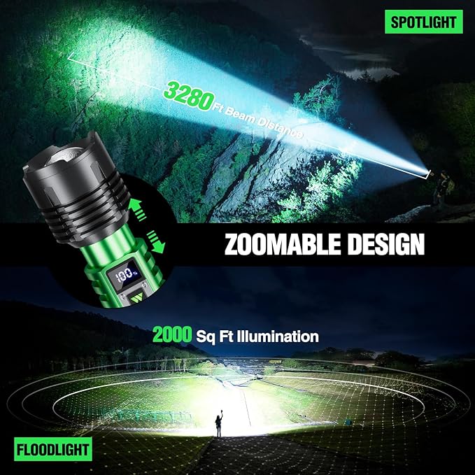 WdtPro Rechargeable LED Flashlights High Lumens, Super Bright 90000LM Rechargeable Flashlight with LCD Display, 5 Modes & Waterproof Powerful 10000mAh 30H Flashlight for Camping Emergency Green