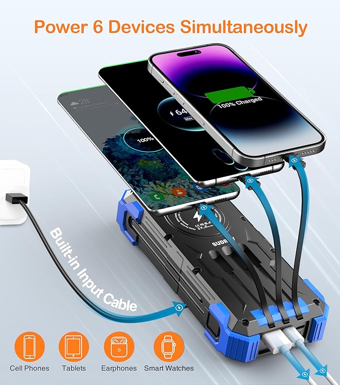 Sudrov Solar Charger Power Bank, 42800mAh Wireless Portable Charger with USB-C in/Output, QC3.0 Fast Charging 15W 4 Ports Outdoor Battery Pack Built-in LED Flashlight, for iPhone, Galaxy, iPad etc