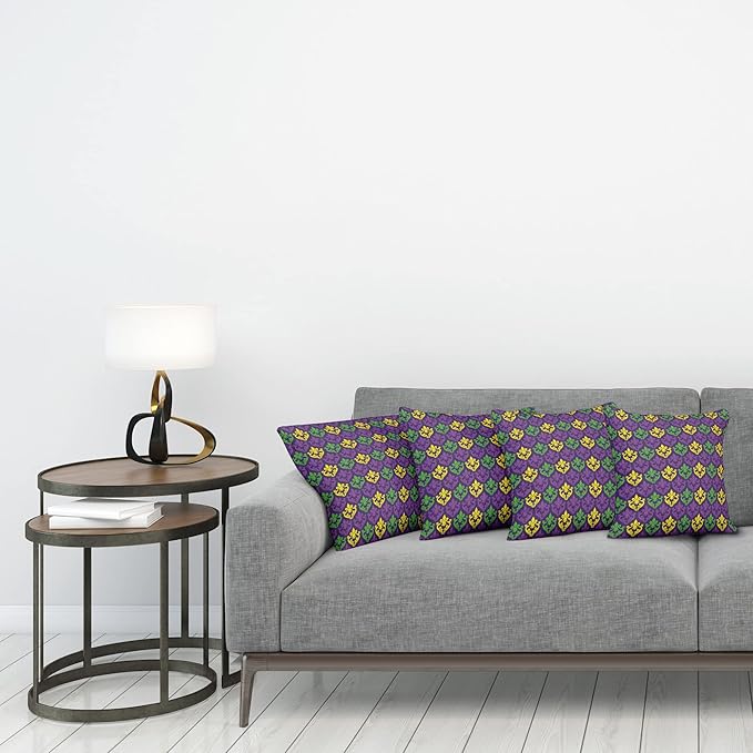 Ambesonne Mardi Gras Decorative Throw Pillow Case Pack of 4, Antique Old Fashioned Motifs in Mardi Gras Holiday Colors Tile Pattern, Cushion Cover for Couch Living Room Car, 18", Yellow Purple