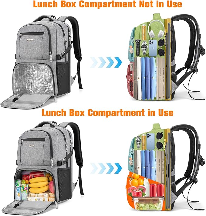 Insulated Lunch Backpack Fit 17" Laptop, Work Backpack with Lunch Box & USB Charging Port for Men & Women, Water Resistant College Computer Bag for Travel, Business, Hiking (Gray)