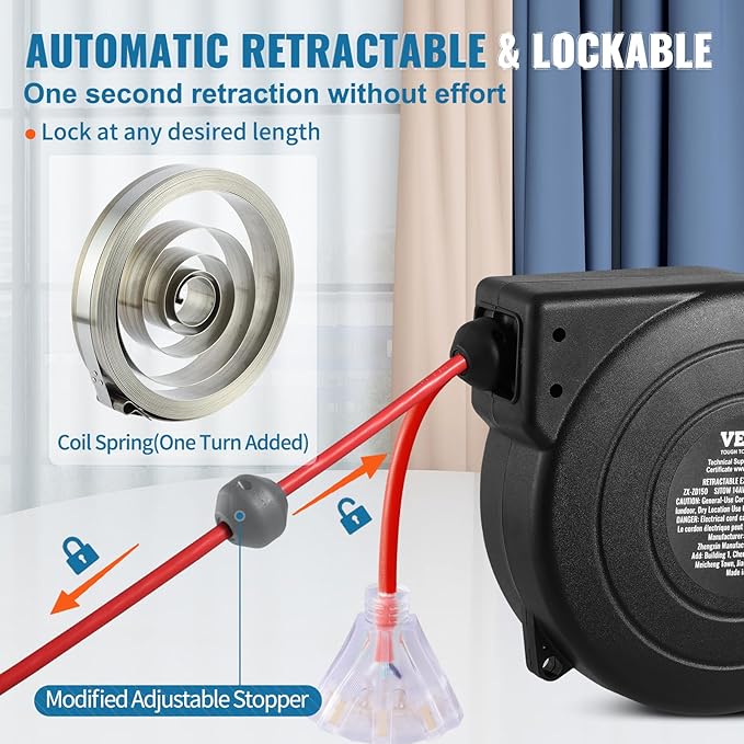 VEVOR Retractable Extension Cord Reel, 50 FT, Heavy Duty 14AWG/3C SJTOW Extension Power Cord with Lighted Triple Tap Outlet, 13A Circuit Breaker 180° Swivel Bracket for Ceiling or Wall Mount, Red