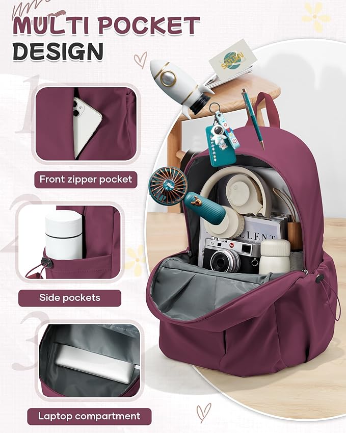 SEAFEW Red School Backpack for Girls Boys, Small Waterproof Bookbag for Women Men, College Student School Bag, Lightweight Travel Rucksack Casual Daypack,Laptop Backpacks