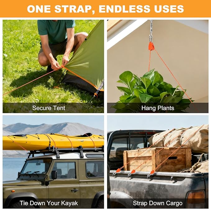 Longer 14ft Retractable Paracord Rope Tie Down Ratchet Strap Small Straps Mini Rope Cam Lock Tent Canopy Tie Down Adjustable Outdoor Windproof Tightener Tensioner Hanger Grow Light 6 Pack 1/8"