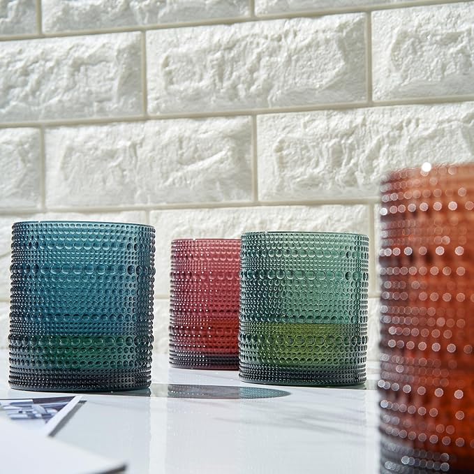 Khen Plastic Hobnail Drinking Glasses Set of 4 Neutral Tones Cups 14oz, Shatterproof & Unbreakable Acrylic Beaded Design, BPA-Free, Dishwasher Safe Indoor/Outdoor Drinkware for Water, Juice, Cocktails