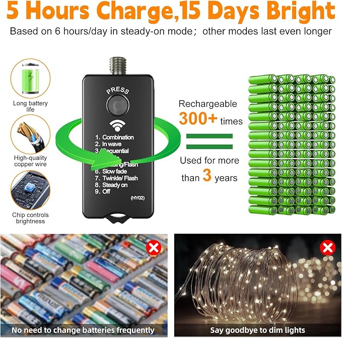 HXWEIYE 2-Pack 33FT 100LED Fairy Lights Battery Operated (Included) with Remote & Timer, 8 Modes Rechargeable Twinkle String Lights Indoor Outdoor Waterproof for Bedroom Wedding Classroom, Warm White