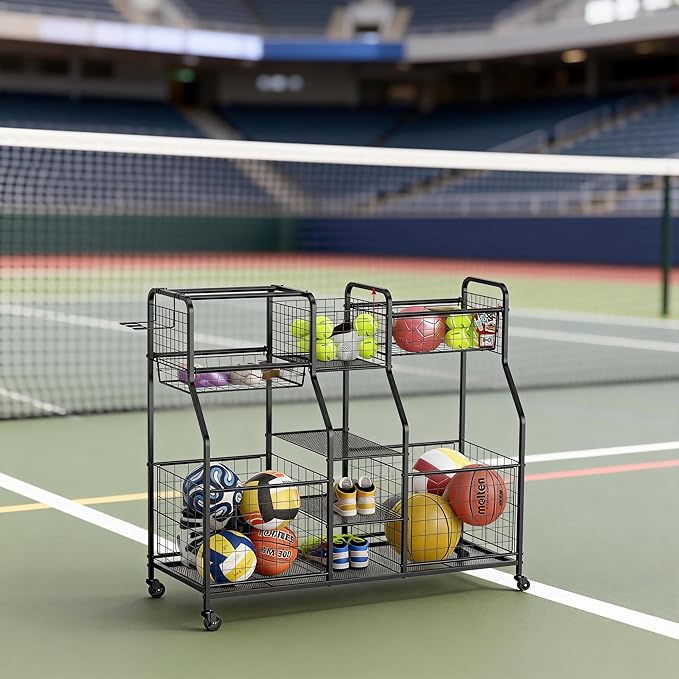 Garage Sports Equipment Organizer with Wheels - Ball Storage Rack with Elastic Rope or Wire Mesh,Garage Organizer System,Indoor/Outdoor Sports Rack for Sports Gear and Toys Storage,Black