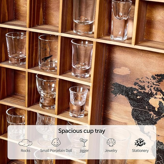 Large World Map Shot Glass Display Case 60 Slots with Acrylic Glass Door, 34 x 26''Rustic Brown Wood Holder for 2 Different Size Shot Glasses, Bars Wine Cellars Used for Jewelry Stones Shell