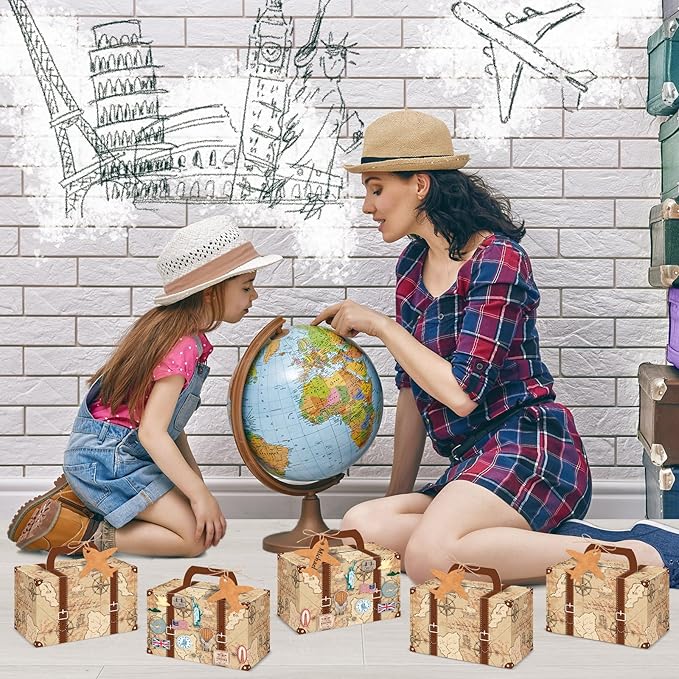 12Pcs Large Suitcase Party Favor Boxes Travel The Map Paper Treat Box with Tags Birthday Supplies Travel Theme Candy Goodie Gift Boxes for Birthday Baby Shower Wedding Vintage Party Table Decoration