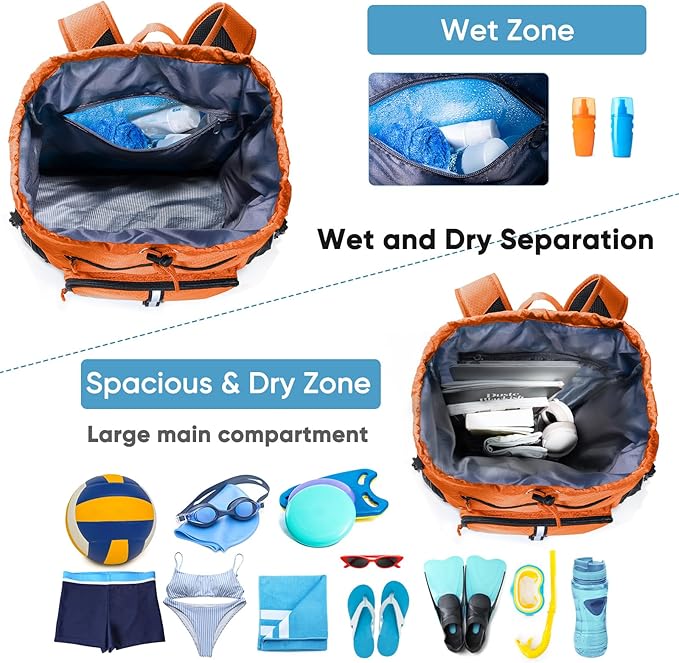 Large Beach Backpack Waterproof Sandproof - Customized Oversized Drawstring Pool Bag with Shoe Compartment for Toiletries, Towels, Gym, Travel