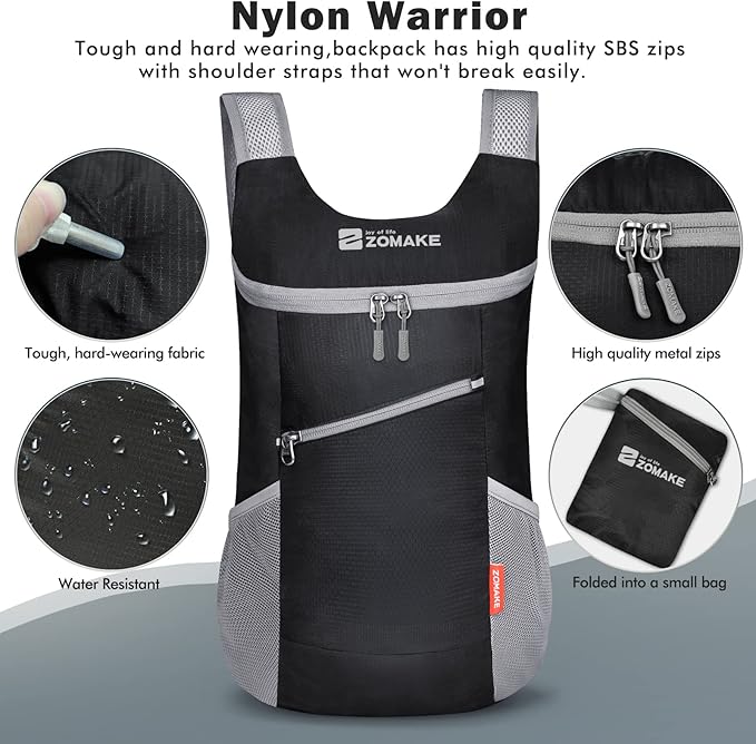 ZOMAKE Lightweight Packable Backpack,Foldable Backpacks Small Daypack for Hiking Water Resistant Day Bag for Travel(14L,Black)