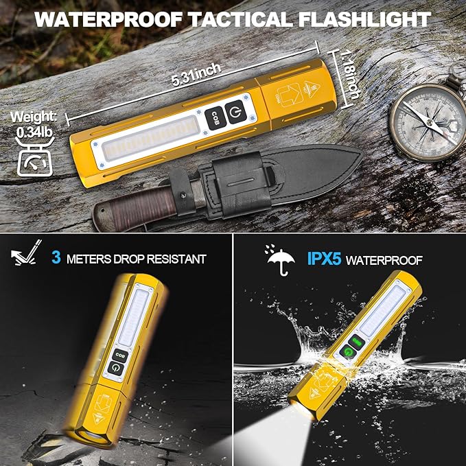 Rechargeable Flashlights High Lumens - Super Bright Small Pocket Magnetic Flashlight, 8 Modes LED Tactical Flash Light, Dual Button Powerful Work Light for Car,Home,Camping,Emergency (1, Yellow Gold)