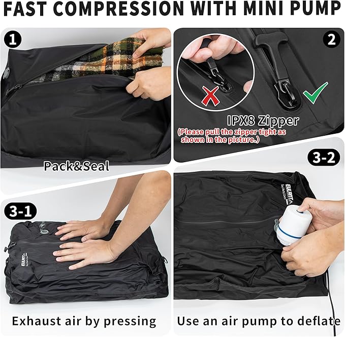 Reusable Vacuum Bags for Travel With Pump,Professional Waterproof IPX8 Vacuum Compression Bag for Suitcases Backpack,Space Saver Bags Packing Organizers for Clothing Packing(2 Pack,Black)