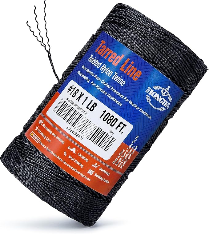 HONGDA Tarred Twine, 1080 Feet Nylon Twine #18 Bank Line-Black Nylon String 1.5mm, Black Strong Twisted Seine Rope Ideal for Gardening, Construction, Gear Tying, Jungle Survival