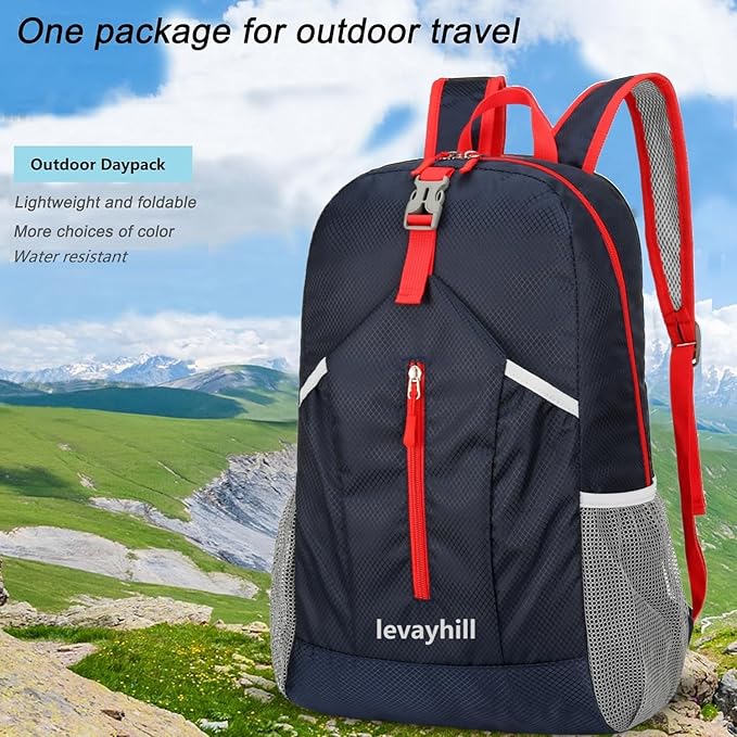 levayhill 25L Foldable Hiking Backpack Lightweight Packable Basic-Daypack Collapsible Bag Water-Resistant Travel Men Women Camping Cycling Outdoor (Dark Blue)
