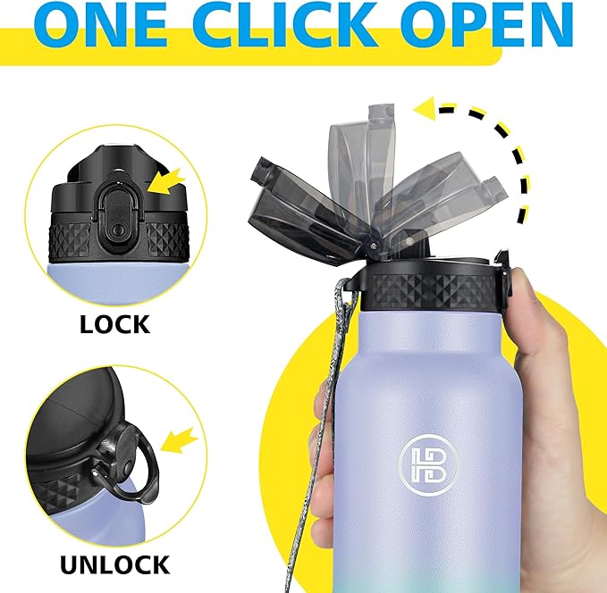 Han's Bottle Sports Water Bottle - 24 Oz, Straw Lid, Leak Proof, Vacuum Insulated Stainless Steel, Double Walled, Thermo Mug,Lilac green