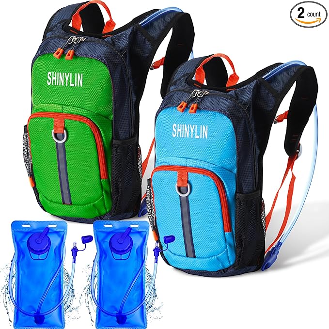 Shinylin 2 Pcs Kids Hydration Backpack with 1.5L Water Bladder Lightweight Kids Hiking Backpack Water Rucksack for Boys Girls Climbing Running